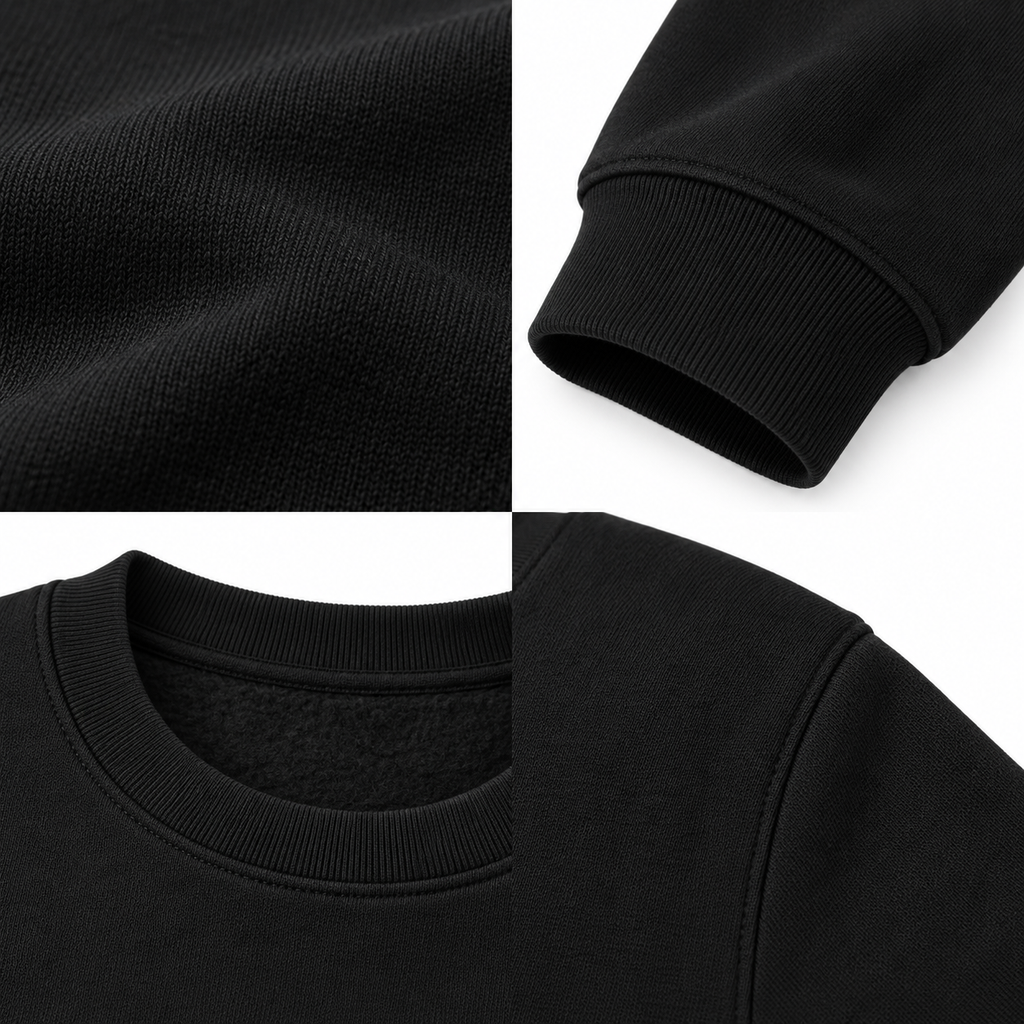 Siyah 3 iplik polarlı sweatshirt kumaş yaka kol ve dikiş detayları