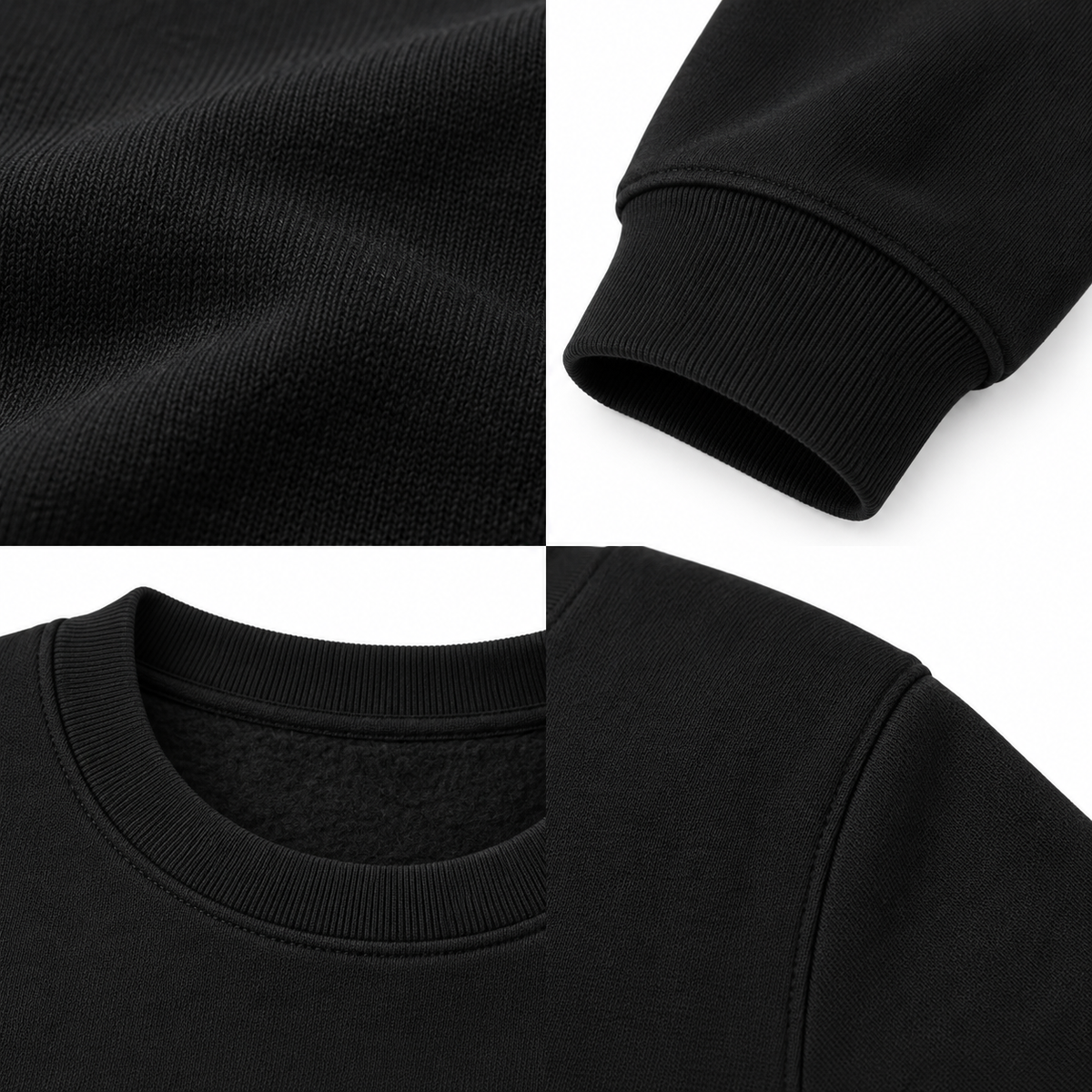 Siyah 3 iplik polarlı sweatshirt kumaş yaka kol ve dikiş detayları